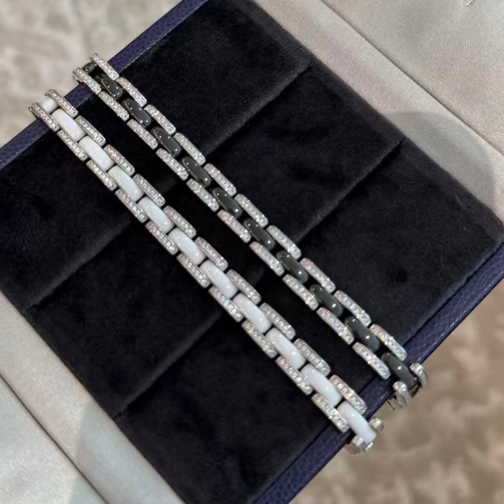 White ceramic bracelet with rhodium-plated sterling silver links and cubic zirconia accents
