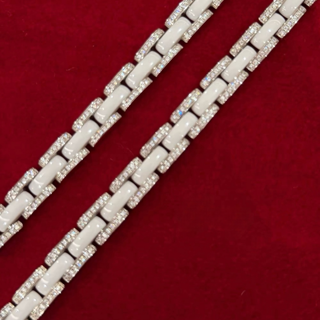 White ceramic bracelet with rhodium-plated sterling silver links and cubic zirconia accents