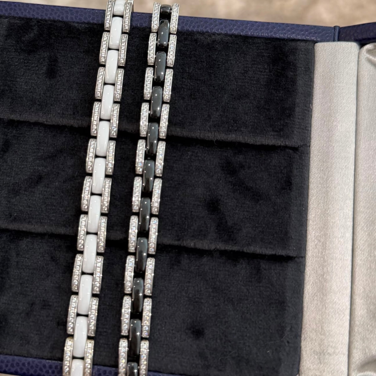 Black ceramic bracelet with rhodium-plated sterling silver links and pavé cubic zirconia accents