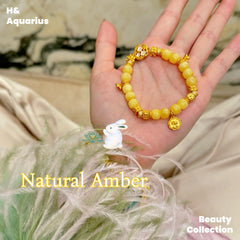 Butter Honey Amber Bracelet with Rabbit Charm, Minimalist Crystal Healing Beads, Cute Aesthetic Jewelry for Women