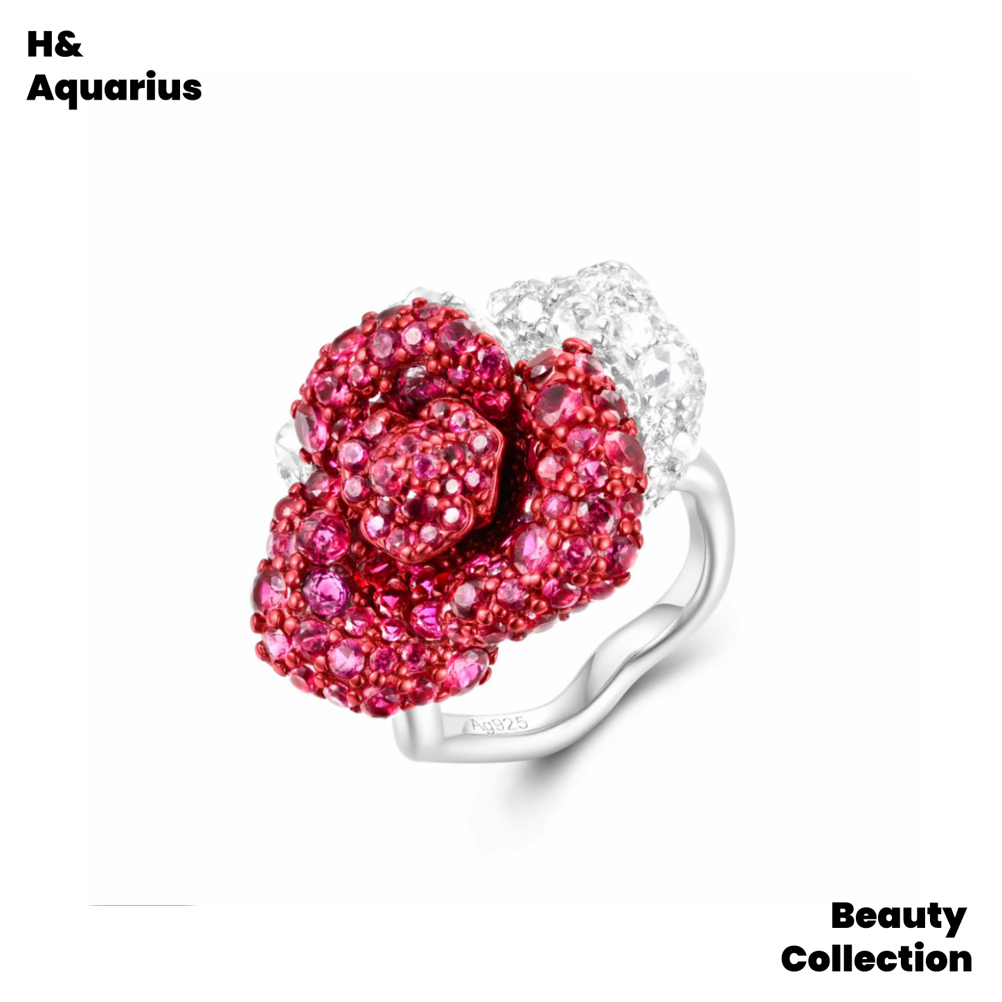 Silver Rose Zircon Ring(925 Silver Synthetic Zirconia Ring, Red Rose Ring, Silver Luxurious Sweet Princess Style Ring )