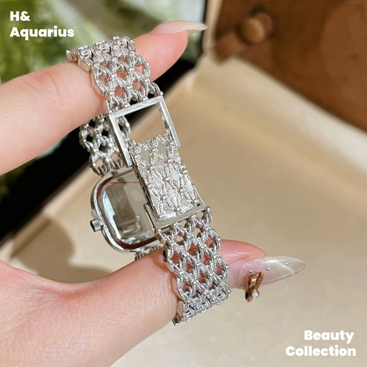Silver Full Diamond Watch - Hollowed Out Band Luxury Fashion Wristwatch for Women