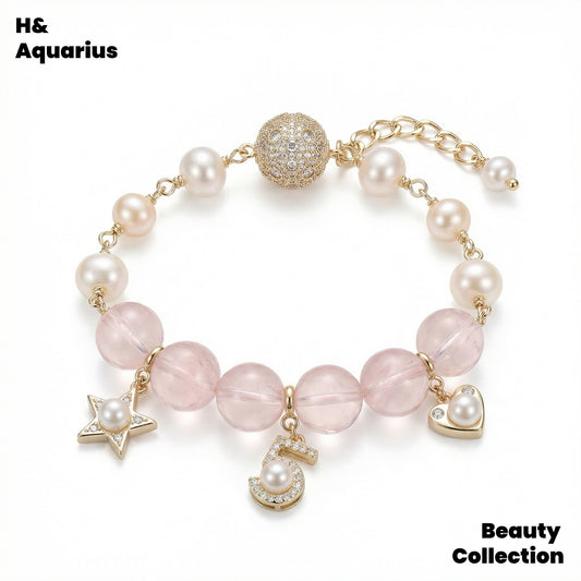 Pink Pearl Blossom Bracelet - Luxury Rose Quartz Bead Chain for Women