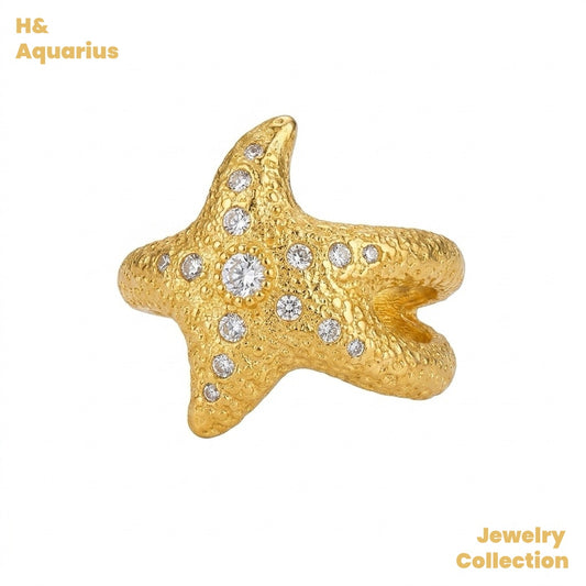 925 Silver & Zirconia Starfish Ring - Gold Plated Minimalist Coastal Statement Ring
