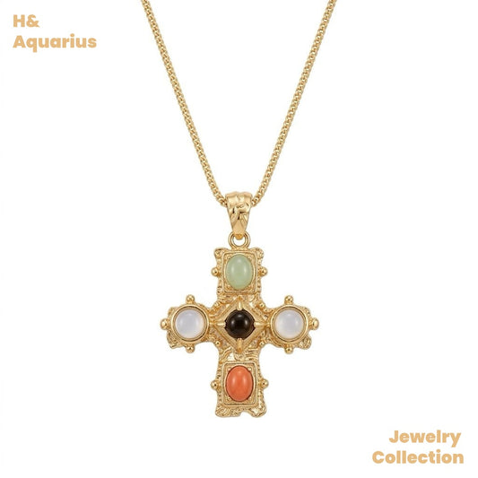 Copper Alloy "Hucares" Gemstone Cross Necklace - Heavy Natural Stone Long Layering Chain