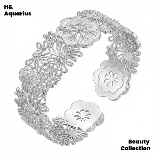 925 Silver Flower Vine Bangle - Heavy Silver Plated Handmade Hollow Floral Bracelet for Women