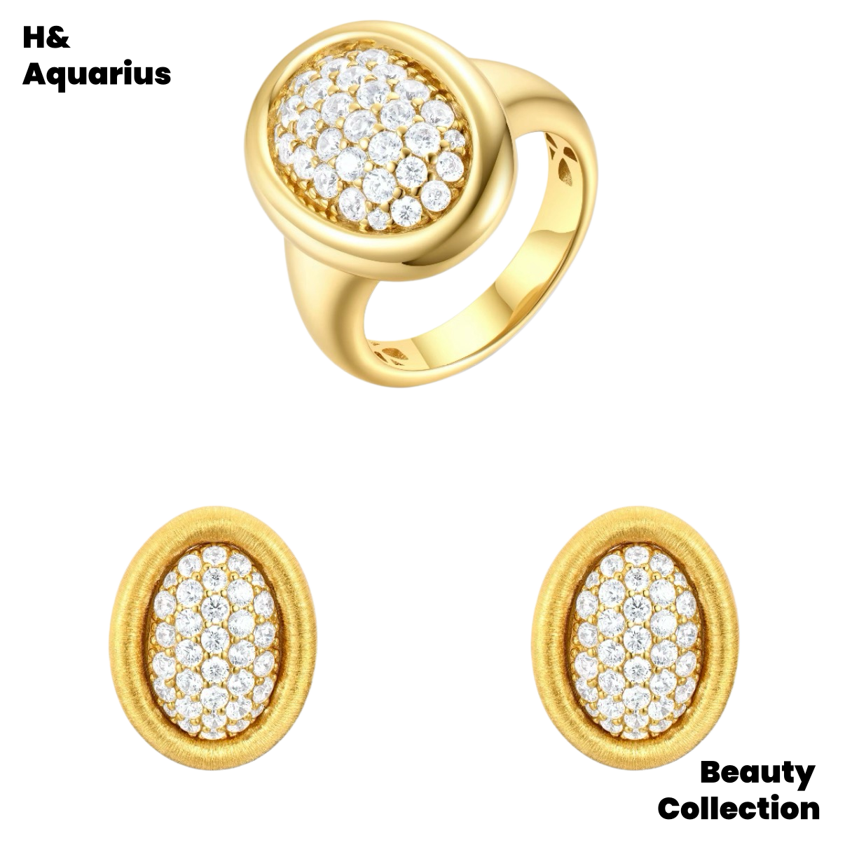 925 Silver & Zirconia Bathtub Ring/Earrings - Gold Plated Vintage Luxury Jewelry Set