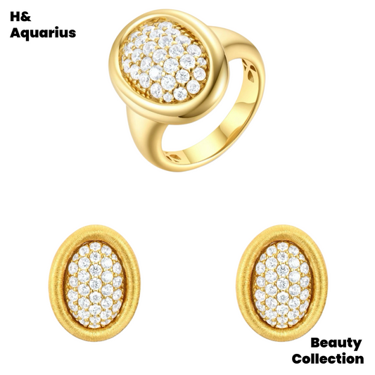 925 Silver & Zirconia Bathtub Ring/Earrings - Gold Plated Vintage Luxury Jewelry Set