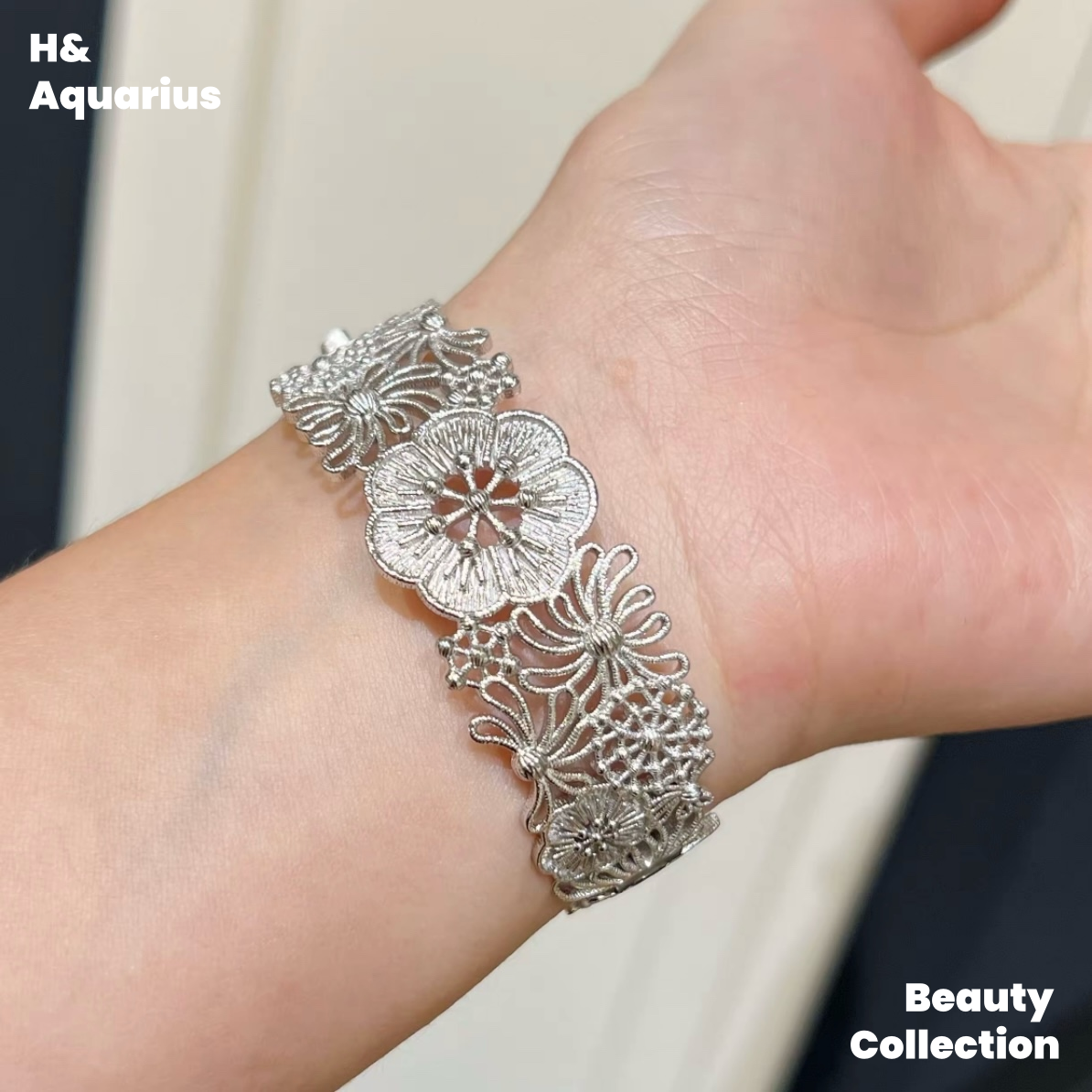 925 Silver Flower Vine Bangle - Heavy Silver Plated Handmade Hollow Floral Bracelet for Women