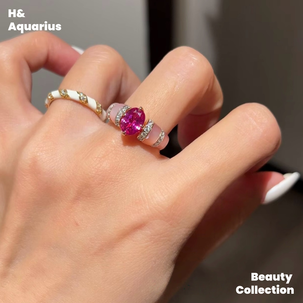925 Silver & Zirconia Ring - Pink Shell Statement Handmade Luxury Ring