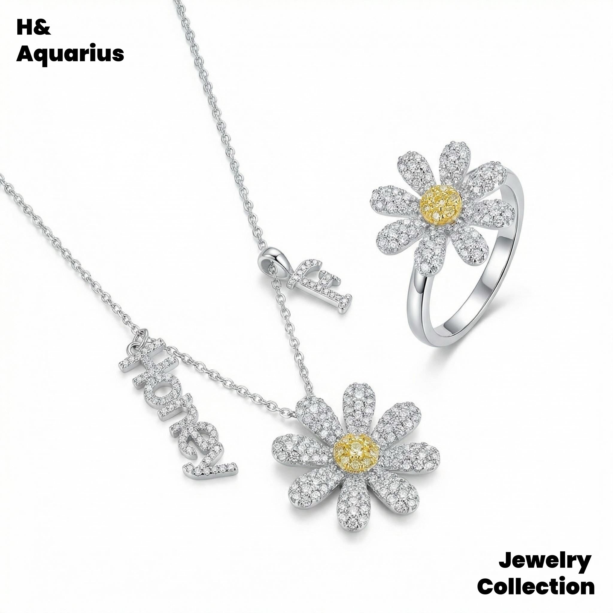 925 Silver & Zirconia Daisy Jewelry Set - Minimalist Fashion Necklace/Ring Silver