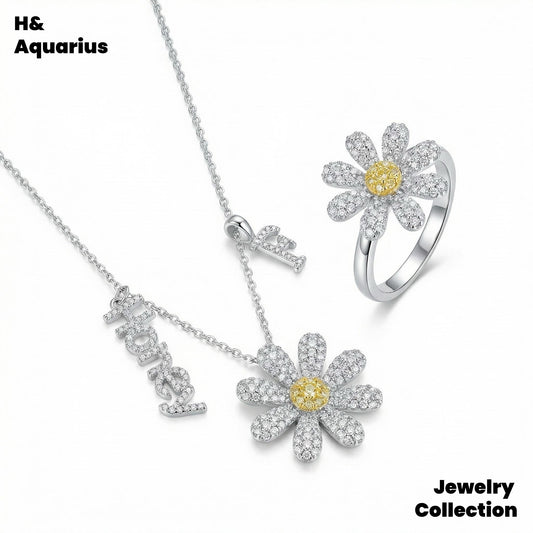 925 Silver & Zirconia Daisy Jewelry Set - Minimalist Fashion Necklace/Ring Silver