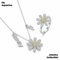 925 Silver & Zirconia Daisy Jewelry Set - Minimalist Fashion Necklace/Ring Silver