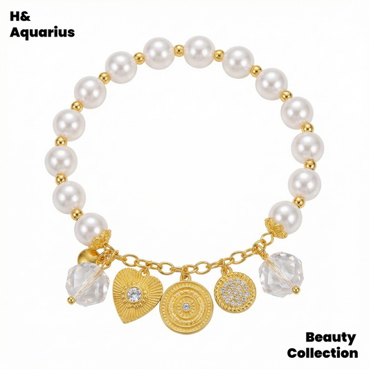925 Silver & Imitation Pearl Bracelet - White Flame Whisper Gold Plated Luxury Chain for Women