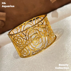 925 Silver Camellia Bangle - Gold Plated French Hollow Out Minimalist Bracelet