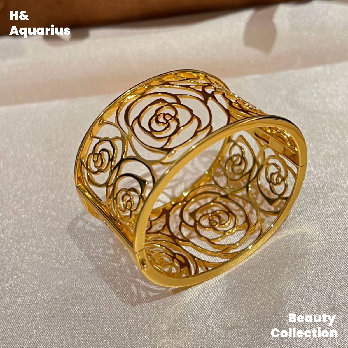 925 Silver Camellia Bangle - Gold Plated French Hollow Out Minimalist Bracelet