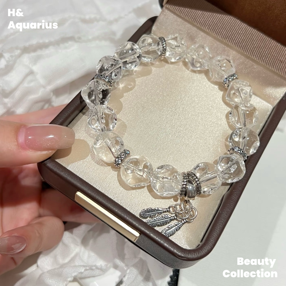 925 Silver Feather Bracelet - White Crystal Planet Bead Luxury Stackable Bracelet