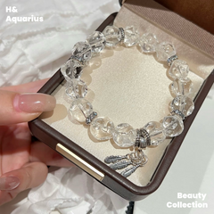 925 Silver Feather Bracelet - White Crystal Planet Bead Luxury Stackable Bracelet